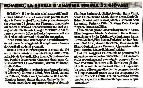 2007-12-05 00:00:00 - Romeno, la Rurale d'Anaunia premia 52 giovani -  - Adige